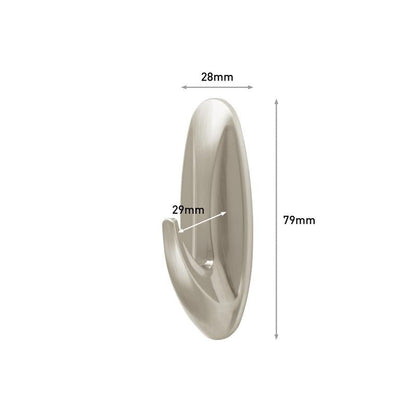 Command™ Medium Designer-Háček v kovovém vzhledu od 3M Deutschland GmbH (17081BN) je zobrazen. Rozměry: 28 mm šířka, 29 mm hloubka, 79 mm výška - označeno šipkami a textem.