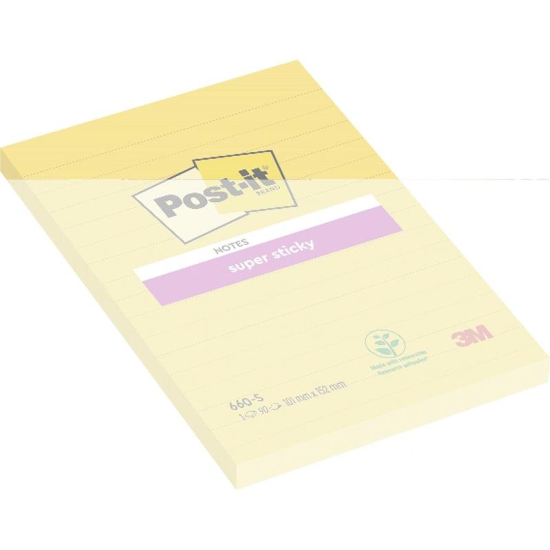Blok post-it® Super Sticky Notes ve velkém formátu, Ultra Žlutá (101 x 152 mm, 90 listů), od 3M Deutschland GmbH, leží na bílém pozadí. Papírky jsou opatřeny psacími linkami a ekologickou pečetí PEFC.