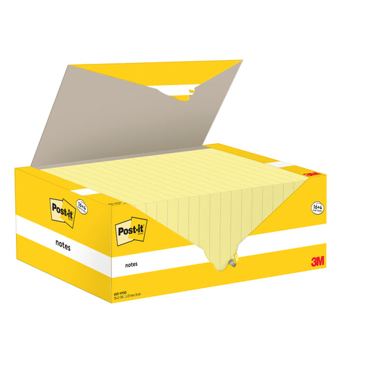 Eine geöffnete gelbe Schachtel Post-it® Notes (76x127mm, 100 Blatt/Block, 16 Blöcke + 4 gratis/Packung, PEFC-zertifiziert) der 3M Deutschland GmbH zeigt den Stapel im Inneren; die Verpackung zeigt Post-it- und 3M-Logos sowie das Etikett "notes".
