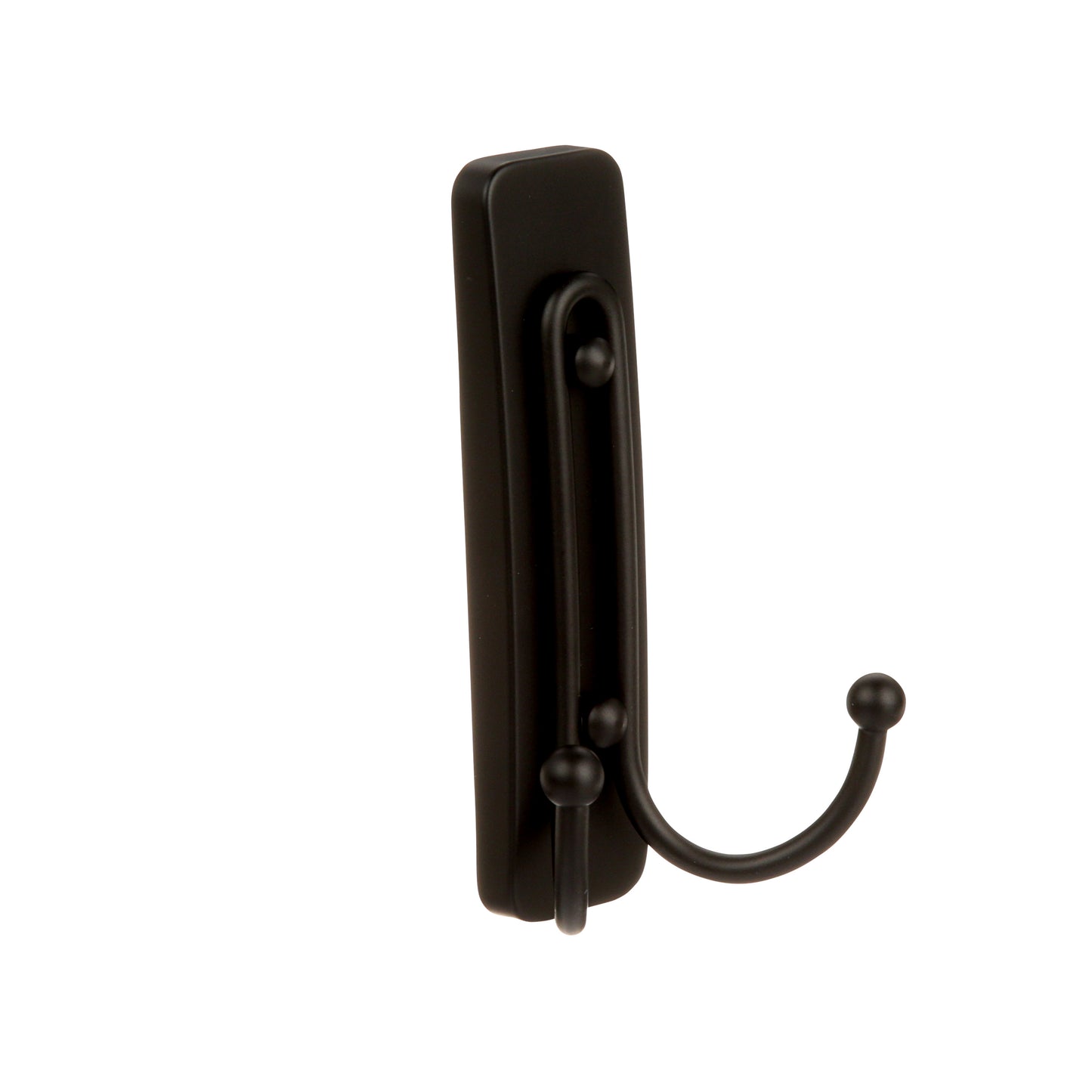 A Command™ Großer Badezimmer-Doppelhaken in Nickel satiniert von 3M Deutschland GmbH ist vertikal auf rechteckiger Basis vor weißem Hintergrund montiert.