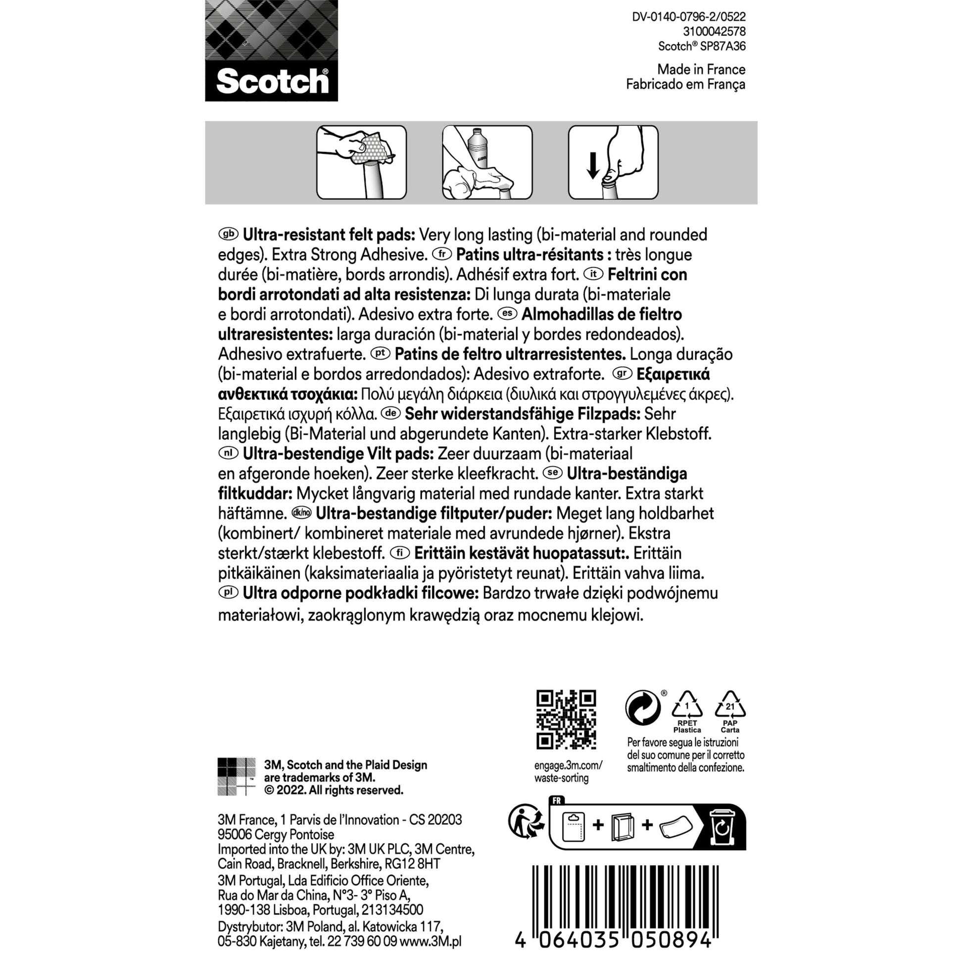 Die Scotch® Extrem beständigen Filzpads SP87A36 von 3M Deutschland GmbH sind verpackt mit mehrsprachigem Etikett, Formsymbolen, Padgröße (Ø 34 mm), Menge (4/Packung), sowie Barcode und Recycling-Symbolen.