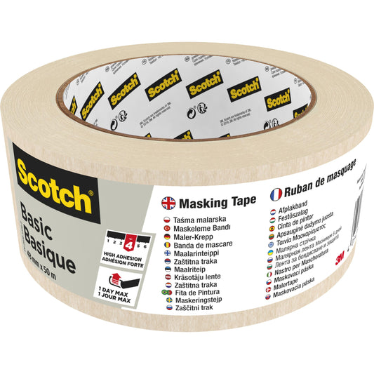 Eine Rolle Scotch® Abdeckband Basic, 50 m von 3M Deutschland GmbH, verfügt über eine mehrsprachige Verpackung mit Markenname, Produktinformation, Anwendungshinweisen, Symbol für starke Haftung, beigefarbenem Klebeband und dem 3M-Logo.