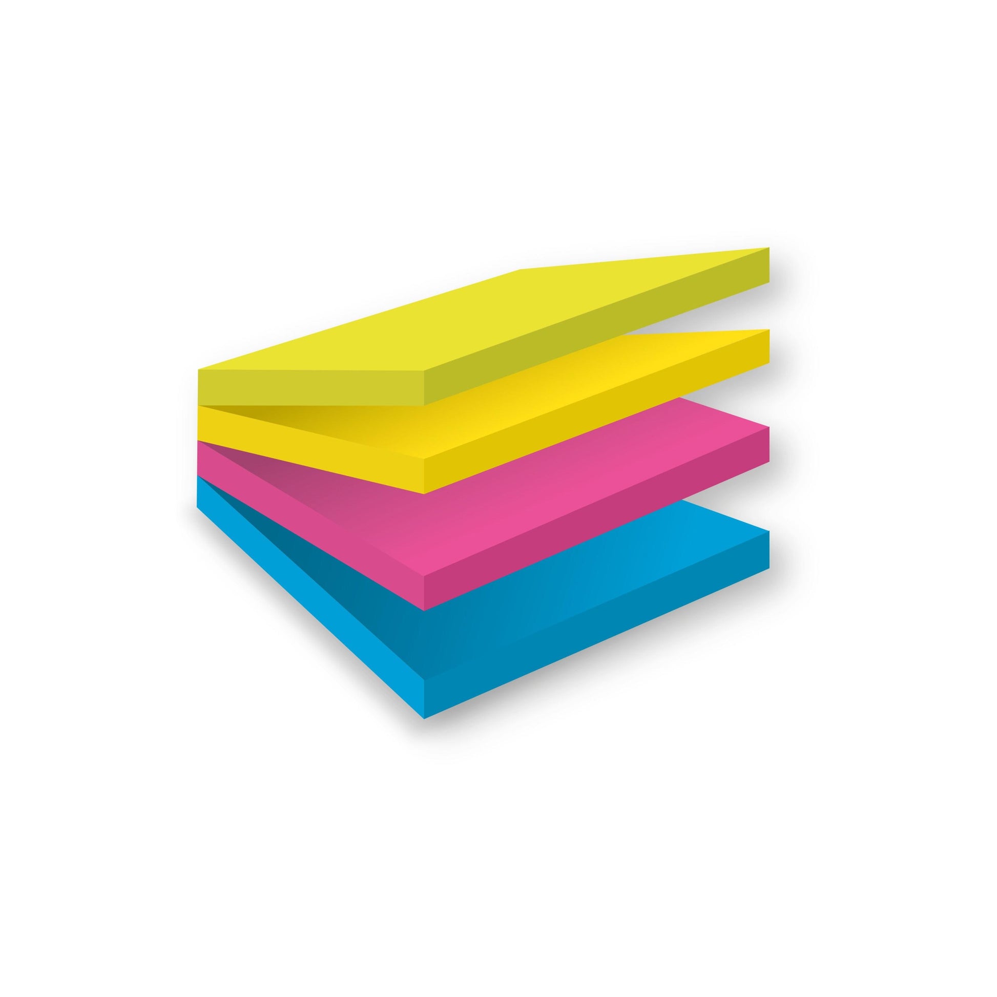 Eine Packung 3M Deutschland GmbH Post-it® Super Sticky Easy Select Würfel mit 4 Blöcken in gelb, rosa, blau und türkis (76x76mm, 75 Blatt pro Block), diagonal gestapelt auf weißem Hintergrund. PEFC-zertifiziert.