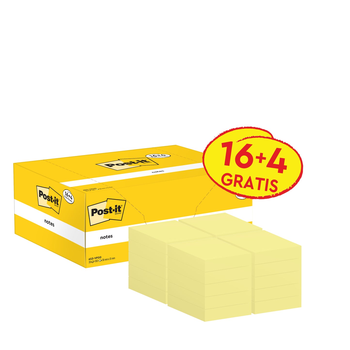 Žlutý propagační balíček lepicích bločků Post-it® (3M Deutschland GmbH), 38x51mm, 100 listů/blok, obsahuje 16 bloků plus 4 zdarma (16+4 ZDARMA). Obsahuje ikonické logo Post-it; lepicí bločky jsou certifikovány PEFC (SGSCH-PEFC-COC-110078).
