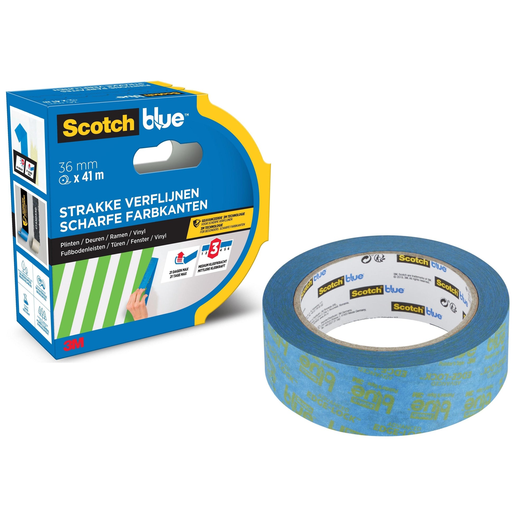 Eine Rolle ScotchBlue™ Malerabdeckband für scharfe Linien von 3M Deutschland GmbH liegt neben der Verpackung, beschriftet mit 36 mm x 41 m und mit Produktinformationen in Niederländisch und Deutsch sowie einem grün gestreiften Klebebandmotiv.