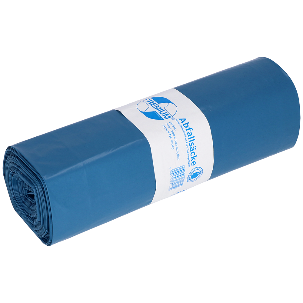 Eine blaue Rolle EMIL DEISS KG (GmbH + Co.) Müllsäcke (DEISS 10023, 700+200x1100x0,06 mm) mit einem weiß-blauen Etikett mit Text und Barcode, enthält 20 Stück pro Rolle.