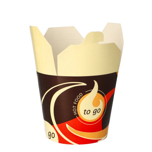 Jeden hranatý obal na jídlo (750 ml) ze Starpak snackboxů „To Go“ stojí vzpřímeně na bílém pozadí a má barevný design s nápisem „Hot Food to Go“ na přední straně – ideální pro přepravu vašich oblíbených jídel.