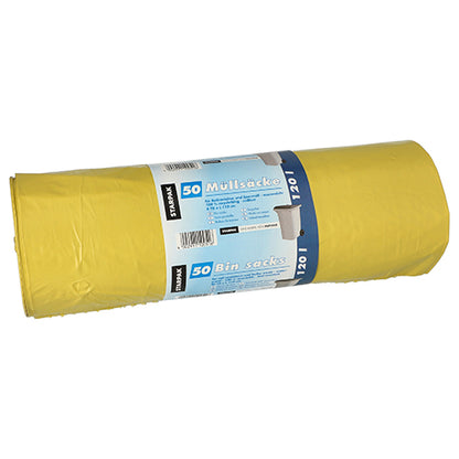 Role Starpak 50 pytlů na odpadky, LDPE 120l (110x70cm), se skládá ze žlutého pytle s modro-bílou, vícejazyčnou etiketou, na které je uvedeno množství 50 kusů a obrázky kontejnerů. Vyrobeno z robustní LDPE fólie.