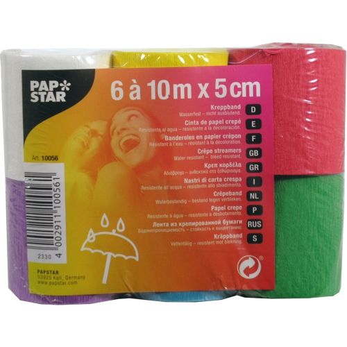 PAPSTAR krepové pásky 10m x 5cm, barevně tříděné (6 rolí: fialová, žlutá, oranžová, červená, zelená, bílá), voděodolné. Ideální pro tvoření. Balení s vícejazyčným textem a malým symbolem deštníku.