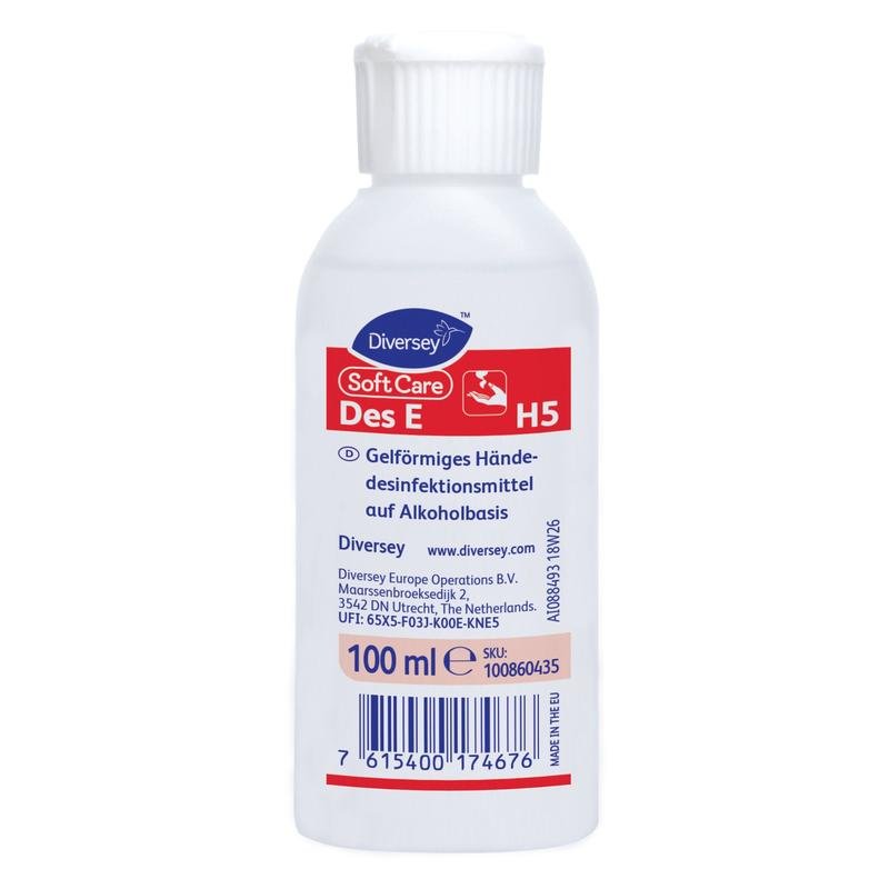 Bílá 500ml láhev Soft Care Des E, VAH-gelistetes, gelové dezinfekční prostředky na ruce od Diversey Deutschland GmbH & Co. OHG, s červeno-bílou německou etiketou a modrým čárovým kódem na spodní straně.