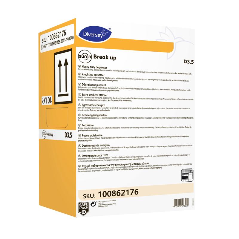 Obdélníkový žluto-bílý 5litrový kanystr s Diversey Suma Break up D3.5 odmašťovačem (bezpečný pro hliník) od Diversey Deutschland GmbH & Co. OHG, s podrobnostmi o použití, návodem, SKU 100862176 a šipkami pro vzpřímenou polohu na etiketě.