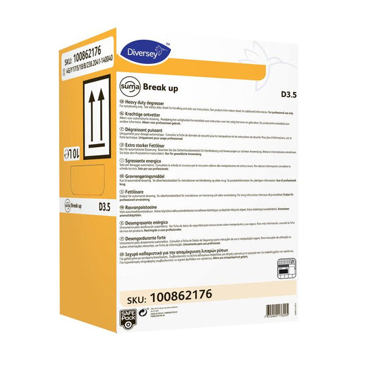 Ein rechteckiger gelb-weißer 5-Liter-Kanister mit Diversey Suma Break up D3.5 Fettlöser (aluminiumsicher) von Diversey Deutschland GmbH & Co. OHG, mit Anwendungsdetails, Anleitung, SKU 100862176 und Pfeilen für die aufrechte Position auf dem Etikett.