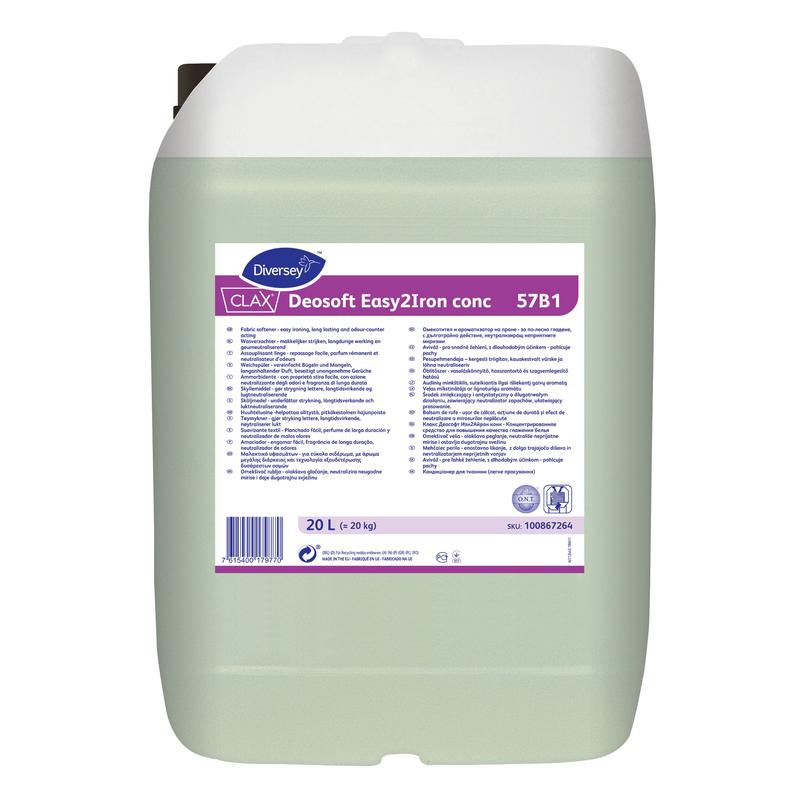 Průhledný dvacetilitrový kontejner s aviváží Diversey Clax Deosoft Easy2Iron Conc 57B1 s vlastnostmi usnadňujícími žehlení, ideální pro profesionální prádelny, s bílým šroubovacím uzávěrem a popsanou etiketou.