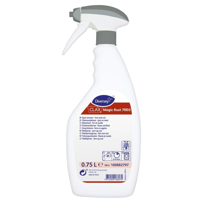 750 ml bílý Clax Magic Rust odstraňovač skvrn na železo a rez od Diversey Deutschland má šedý uzávěr a vícejazyčný štítek s informacemi o produktu a pokyny k použití pro efektivní odstranění skvrn.