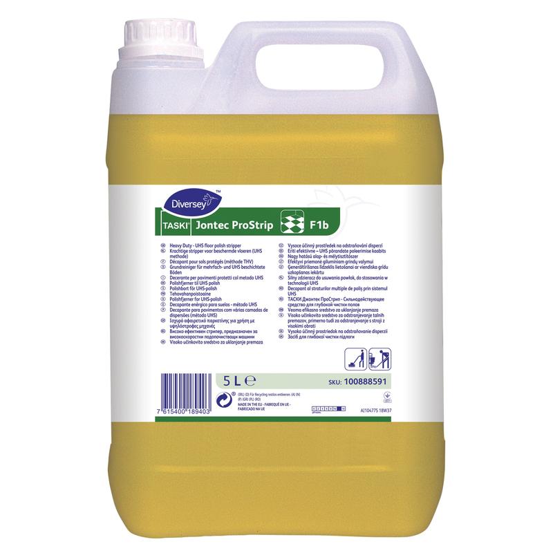 Ein 5-Liter-Kanister TASKI Jontec ProStrip, ein kraftvoller alkalischer Grundreiniger mit effektiver Reinigungsformel von Diversey Deutschland GmbH & Co. OHG, mit Produktangaben und Hinweisen auf dem Etikett.