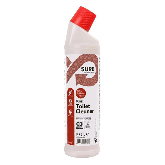 Bílá plastová láhev o objemu 0,75 l s přípravkem SURE Toilet Cleaner, čističem na toalety a pisoáry od společnosti Diversey Deutschland GmbH & Co. OHG, s červeným šikmým uzávěrem a červeno-bílou etiketou, zajišťuje účinné čištění toalet a pisoárů.