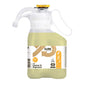 Bílý a průhledný plastový kontejner o objemu 1400 ml od SURE Cleaner & Degreaser SD od Diversey Deutschland GmbH & Co. OHG, se žlutým víkem/rukojetí, má etiketu s informačními a recyklačními symboly; biologicky odbouratelný vzorec je účinný odmašťovač pro voděodolné povrchy.