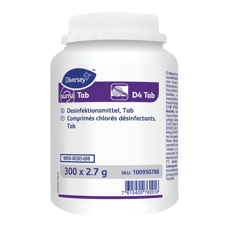 Bílá plastová nádoba s nápisem "Suma Tab D4, dezinfekční tablety na bázi chloru" od Diversey Deutschland GmbH & Co. OHG obsahuje 200 tablet (na dávku) s německým/francouzským návodem a informacemi o produktu.