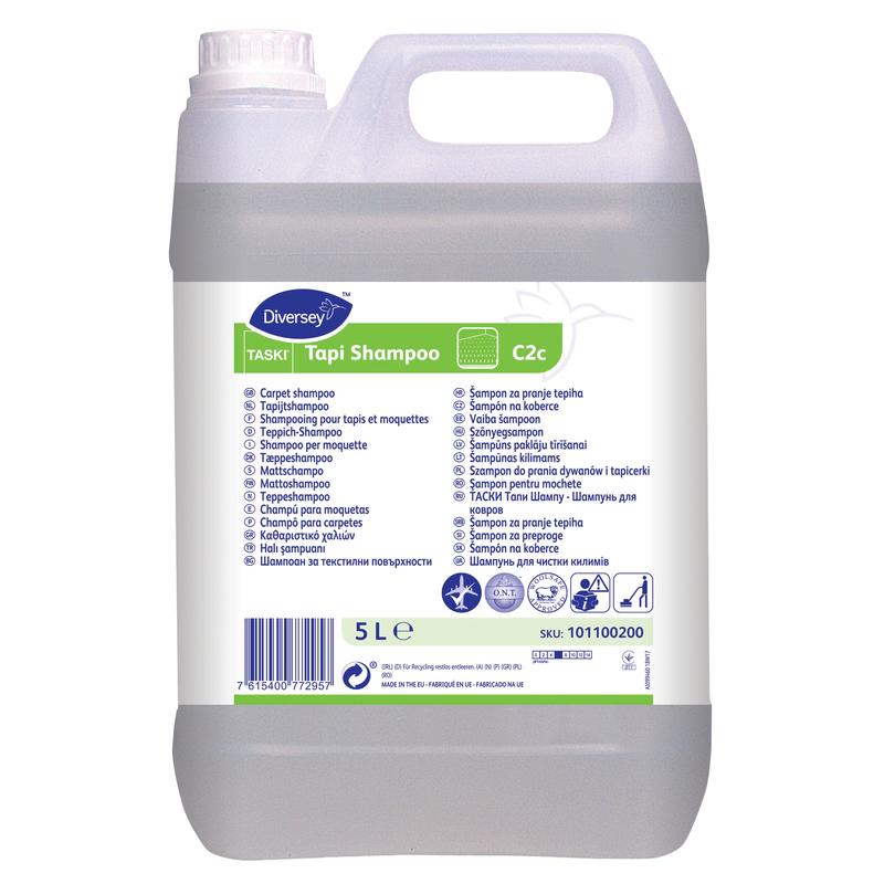 5litrový kanystr TASKI Tapi Shampoo od Diversey Deutschland GmbH & Co. OHG: neutrální šampon na koberce s certifikací Woolmark a technologií O.N.T. pro trvalou svěžest, s bílou etiketou, úchopem a šroubovacím uzávěrem.