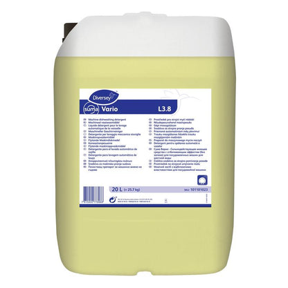 20litrový plastový kontejner Diversey Suma Vario L3.8 mycí prostředek na nádobí s bělidlem bez zápachu chloru od Diversey Deutschland GmbH & Co. OHG, pro použití ve středně tvrdé až tvrdé vodě, s bílým víkem a vícejazyčným štítkem. Uvnitř světle žlutá kapalina.