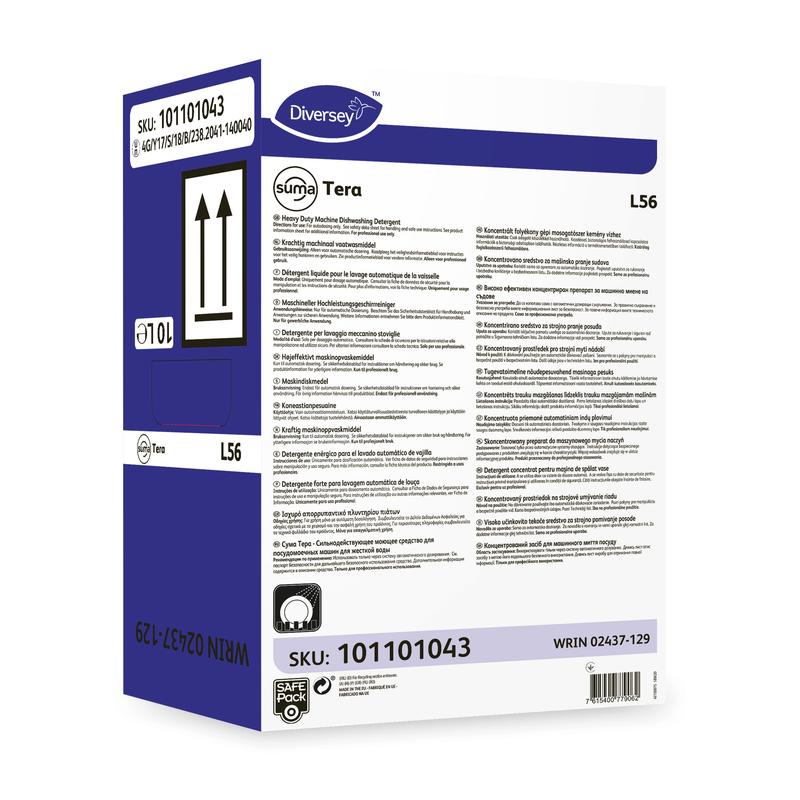 Bílá-fialová krabice s nápisem „Diversey Suma Tera L56, vysoce koncentrovaný prostředek na mytí nádobí pro tvrdou vodu“ od Diversey Deutschland GmbH & Co. OHG s podrobnostmi o produktu, bezpečnostními informacemi, čárovými kódy, šipkami, SKU 101101043 a WRIN 02437-129.