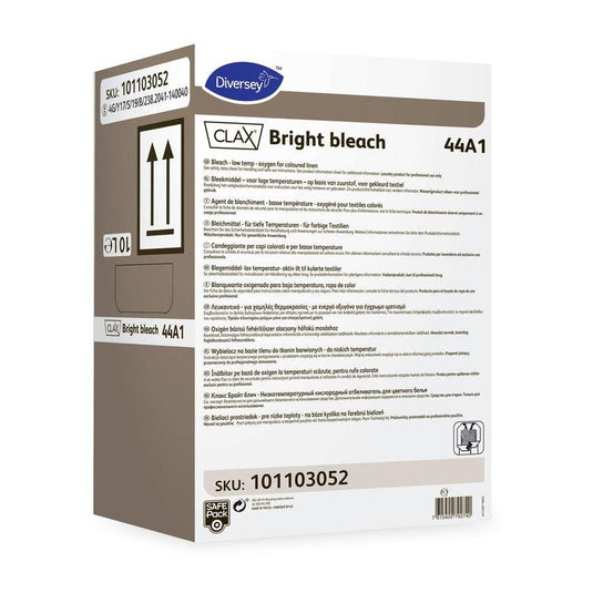 Obdélníková nádoba s nápisem „Clax Bright Bleach 44A1 – bělidlo na barevné prádlo“ od společnosti Diversey Deutschland GmbH & Co. OHG, s vícejazyčnými informacemi o výrobku, návodem k použití a bezpečnostními upozorněními. Účinné na barevné prádlo a odolné skvrny. Číslo výrobku: 101103052.