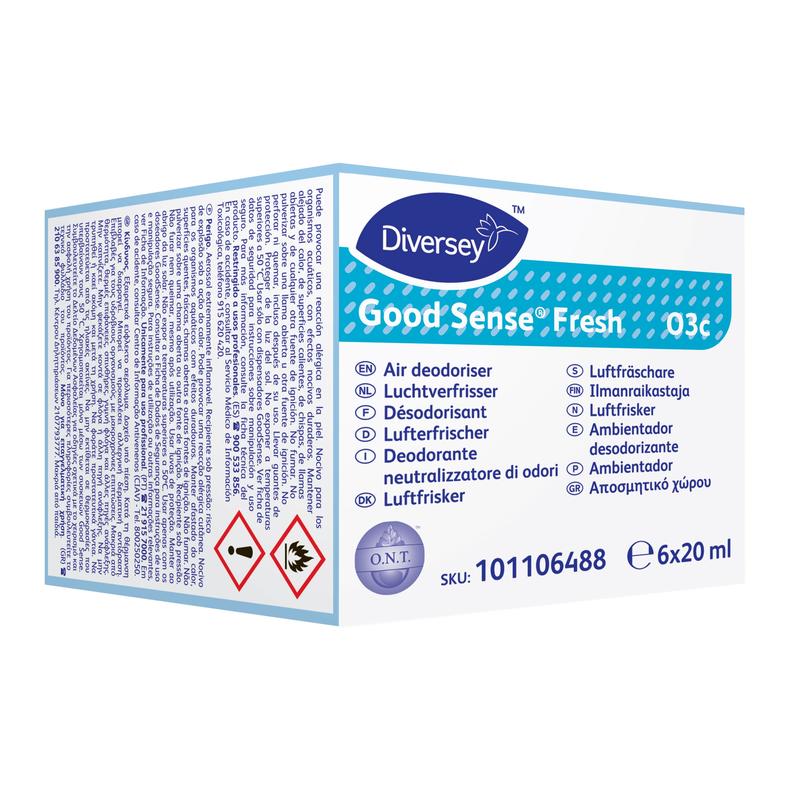 Jedna plechovka Good Sense Fresh vonné patrony pro systém osvěžovače vzduchu Good Sense (6 kusů) od Diversey Deutschland GmbH & Co. OHG, SKU 101106488, 6x20 ml, s technologií O.N.T. pro svěží vůni a vícejazyčným označením.