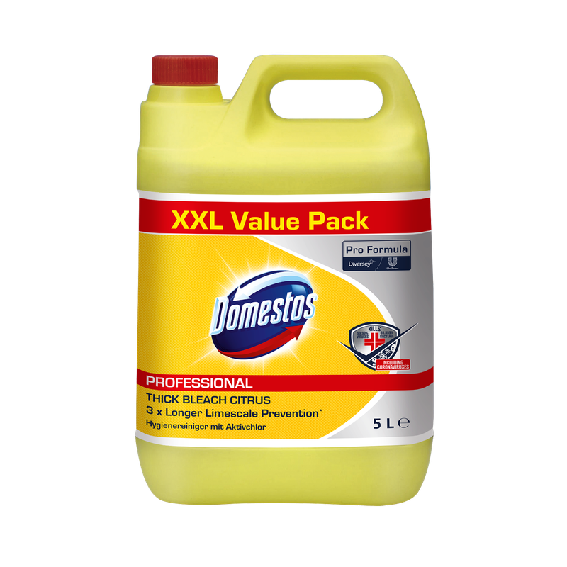 5litrový kanystr z žlutého plastu s nápisem „DOMESTOS Professional 5 L kanystr, hygienický čistič s aktivním chlórem“ od Diversey Deutschland GmbH & Co. OHG, s červeným víčkem a značením produktu na přední straně.