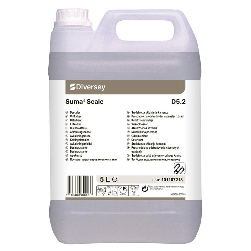 Pětilitrový kanystr Suma Scale D5.2 odstraňovače vodního kamene od Diversey Deutschland GmbH & Co. OHG, určený pro periodické použití, s vícejazyčnou etiketou obsahující informace o produktu, návod, čárový kód a SKU číslo.