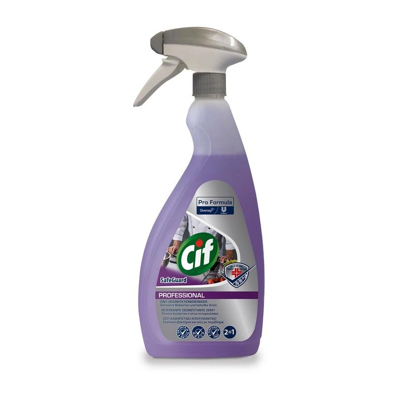 Láhev Cif Professional Safeguard 2in1 dezinfekčního čističe od Diversey Deutschland GmbH & Co. OHG s rozprašovačem a fialovou tekutinou; etiketa ukazuje detaily, loga, symboly a tvrdí, že odstraňuje bakterie a viry.