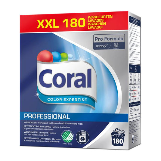 Jedna plechovka pracího prostředku Coral Professional Color Expertise (180 praní, 8 kg prášku) od společnosti Diversey Deutschland GmbH & Co. OHG s označením Pro Formula, v modrém provedení, která chrání barvy a vlákna a zajišťuje zářivé barvy.