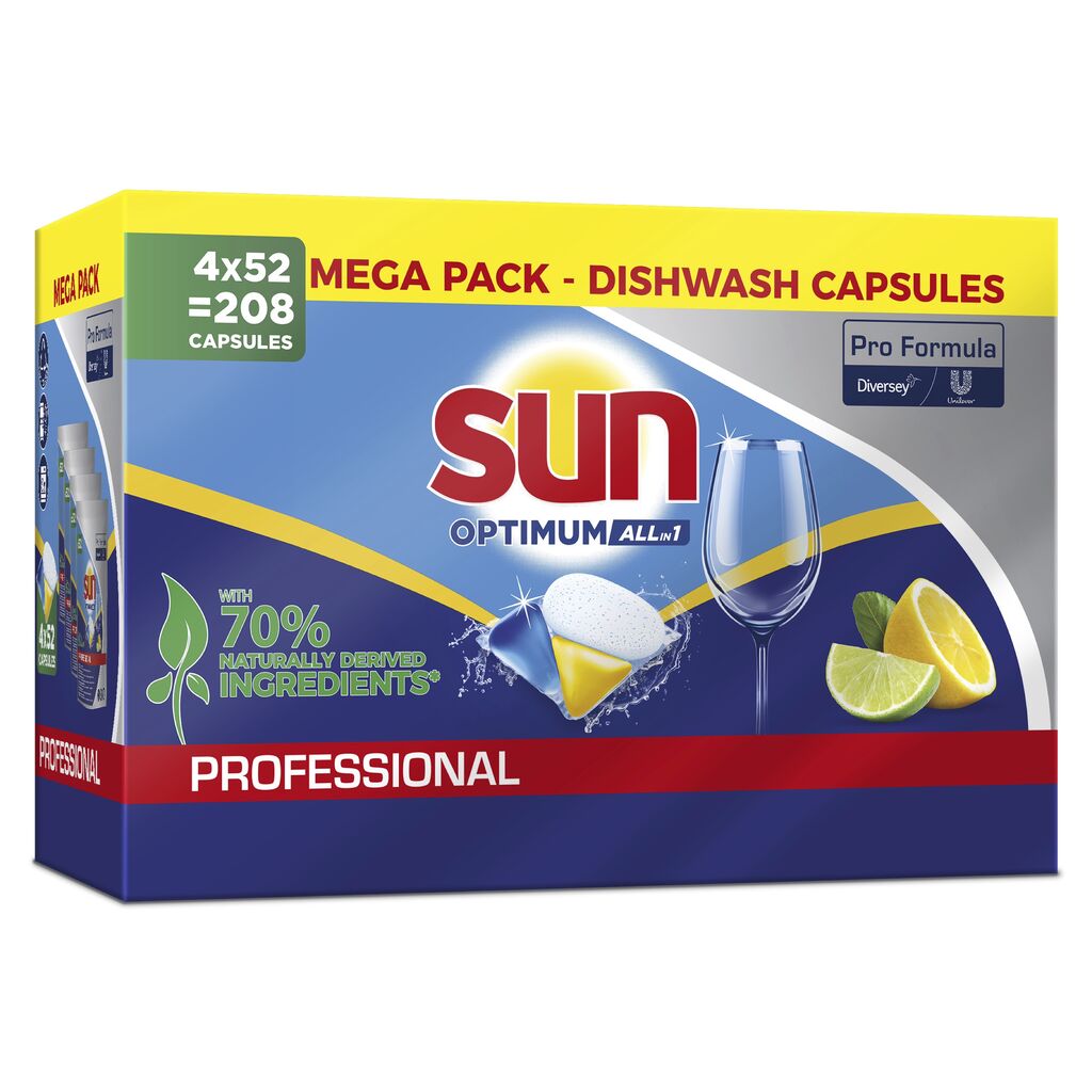 Eine Packung Sun Professional Optimum All in One Spülmaschinenkapseln mit Klarspüler und Salz von Diversey Deutschland GmbH &amp; Co. OHG, mit 52 Tabs, mit Abbildungen eines Sektglases, einer Kapsel und von Zitrusfrüchten auf der Packung.