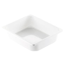 Eine weiße rechteckige CPET-Schale 1/2 GN Weiß CPET 325x265 der Duni GmbH, mit leicht abgerundeten Ecken und glatter Oberfläche, schräg dargestellt mit Innenansicht und einer Seite.