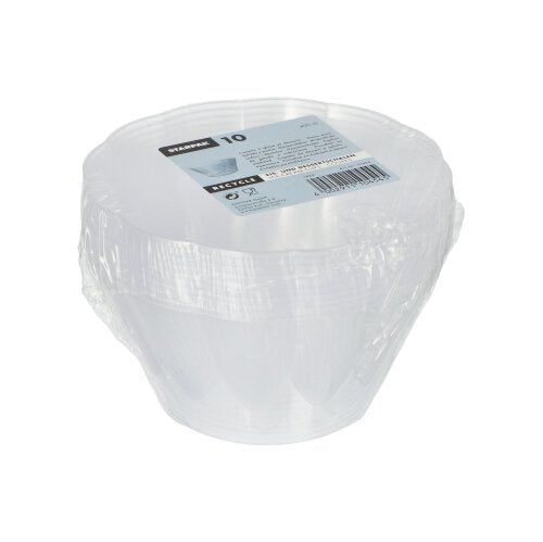 Stoh deseti kulatých, průhledných Starpak misek na zmrzlinu a dezerty (Ø 12 cm · 7 cm) s obsahem 400 ml, zabalených ve smrštitelné fólii s etiketou nahoře, která obsahuje informace o produktu a čárový kód.