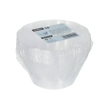 Stoh deseti kulatých, průhledných Starpak misek na zmrzlinu a dezerty (Ø 12 cm · 7 cm) s obsahem 400 ml, zabalených ve smrštitelné fólii s etiketou nahoře, která obsahuje informace o produktu a čárový kód.