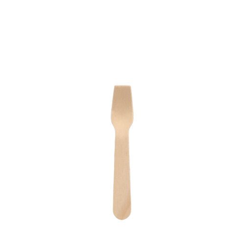 Malá dřevěná lžička na zmrzlinu PAPSTAR "pure" (9,4 cm) stojí uprostřed bílého pozadí, má plochou rukojeť a krátkou hlavu s plochými zuby - ekologická, ohleduplná volba od společnosti PAPSTAR GmbH (100 kusů).