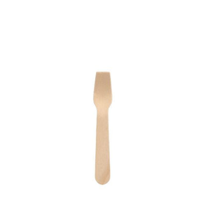 Malá dřevěná lžička na zmrzlinu PAPSTAR "pure" (9,4 cm) stojí uprostřed bílého pozadí, má plochou rukojeť a krátkou hlavu s plochými zuby - ekologická, ohleduplná volba od společnosti PAPSTAR GmbH (100 kusů).