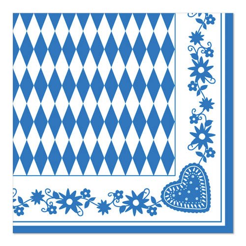 PAPSTAR Ubrousky 1/4-skládání, 40x40 cm modré, "Bavorské modré" od PAPSTAR GmbH mají modro-bílý kosočtvercový střed s modrým květinovým a srdcovým okrajem - ideální bavorské ubrousky na Oktoberfest (50 kusů).