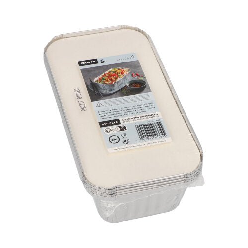 Hromada misek Starpak 5, Alu + vložené víko, PE-potahované hranaté je zabalená v plastu. Horní etiketa ukazuje informace o produktu, čárový kód a obrázek jídla – ideální pro gastronomii.