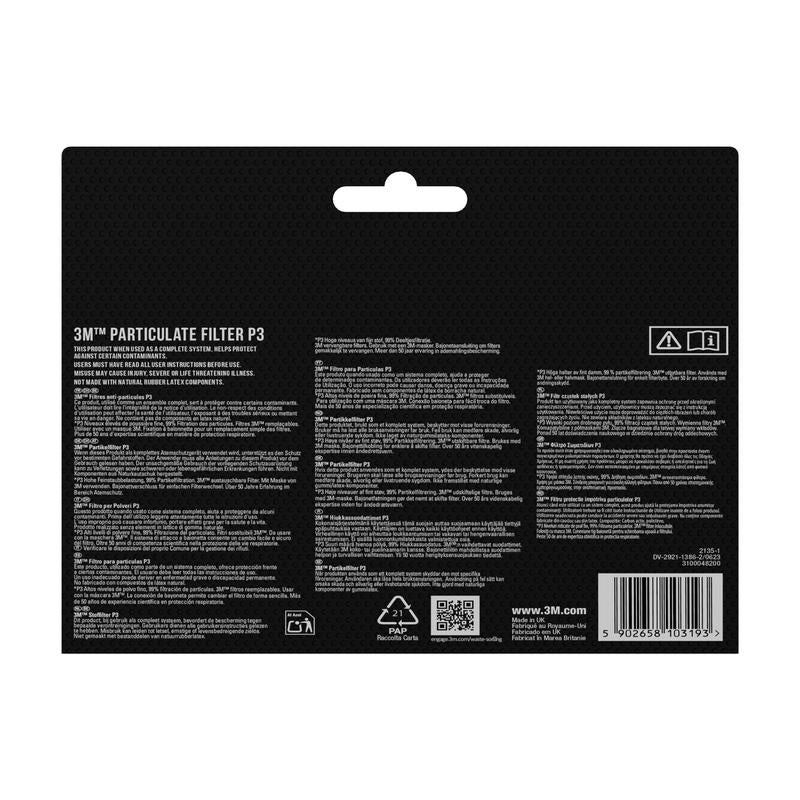 Zadní pohled na 3M™ Cool Flow™ částicovou masku 9928 pro svařování (1 kus) od 3M Deutschland GmbH - zobrazuje informace, pokyny, varování, čárové kódy a údaje výrobce ve více jazycích na černém pozadí.