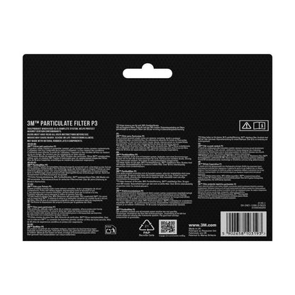 Zadní pohled na 3M™ Cool Flow™ částicovou masku 9928 pro svařování (1 kus) od 3M Deutschland GmbH - zobrazuje informace, pokyny, varování, čárové kódy a údaje výrobce ve více jazycích na černém pozadí.