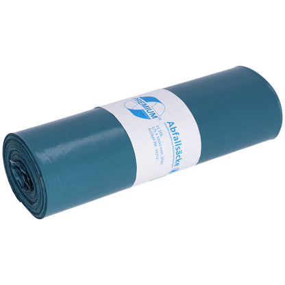 Ein aufgerollter blauer DEISS Müllsack (70 l, 575x1000x0,06 mm, Recycling-LDPE) der EMIL DEISS KG (GmbH + Co.) ist mit einem weißen Etikett mit Logo versehen, das auf unifarbenem Hintergrund seine Entsorgungsfreundlichkeit betont.