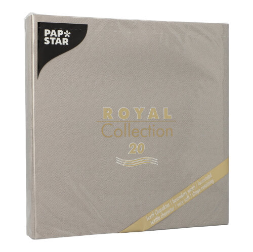 Abgebildet ist eine beigefarbene Packung PAPSTAR GmbH 20 Servietten "ROYAL Collection" 1/4-Falz (40x40 cm), perfekt für die stilvolle Tischdekoration. Auf der Vorderseite steht der gold-weiße Produktname, die Servietten sind in Klarsichtfolie eingewickelt.
