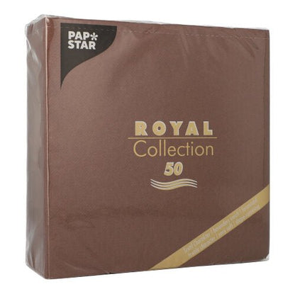 Hnědé balení PAPSTAR GmbH s 50 ubrousky "ROYAL Collection" 1/4-sklad 40x40 cm se zlatým a bílým písmem a stylovým designem vlnových linií.