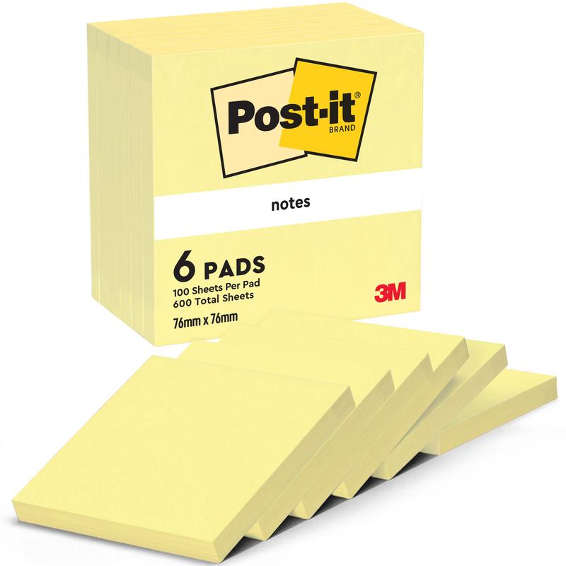 Balení se šesti Post-it® Notes od 3M Deutschland GmbH (76 mm x 76 mm, 100 listů/blok, 100 % PEFC) je zobrazeno rozprostřené, značka a logo jsou viditelné na obalu.