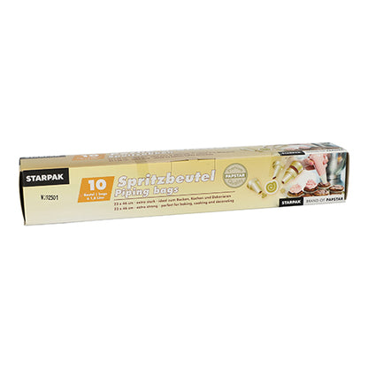 Sada Starpak 10 cukrářských sáčků obsahuje deset průhledných sáčků (1,8 l, 46 x 23 cm) se třemi tryskami v skládací krabici. Ideální pro dorty, pečící dekorace nebo kuchyni. Balení obsahuje německé a anglické texty a produktové obrázky.