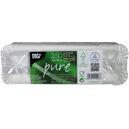 Balení s 250 PAPSTAR GmbH "pure" obdélníkovými bílými papírovými talíři, zabalené v průhledném plastu s informacemi o produktu a ekologickými certifikačními symboly na etiketě.