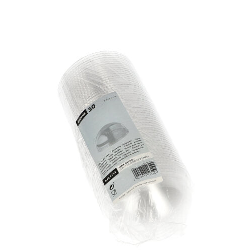 Uzavřené plastové balení obsahuje 50 kulatých, průhledných Starpak „Hurricane“ PET víček (bez otvoru), Ø 9,5 cm x 4,5 cm, s bílo-šedou etiketou s detaily produktu.