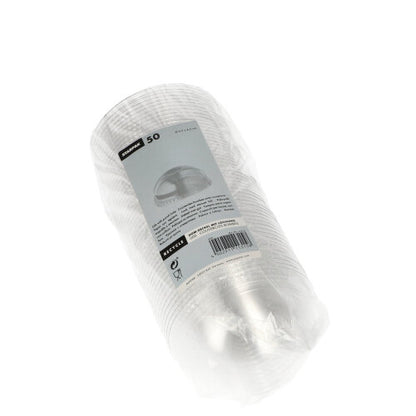 Balení s 50 Starpak Dom-víčky „Hurricane“ PET víčky (čiré, kulaté, Ø 9,5 cm, bez otvoru) je dodáváno v průhledném obalu s bílo-šedou etiketou, na které jsou zobrazeny informace o produktu, čárový kód a značka Starpak pro bezpečné uzavření.