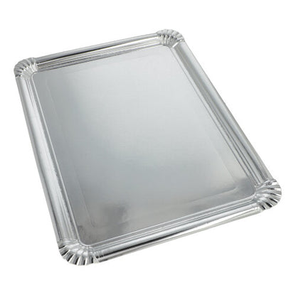 Starpak 10 servírovacích talířů (34 x 45,5 cm, stříbrné, hranaté, PET potažené) z kartonu představují stylová jídla; balení po 10 kusech, ideální pro elegantní příležitosti – zobrazeno na bílém pozadí.